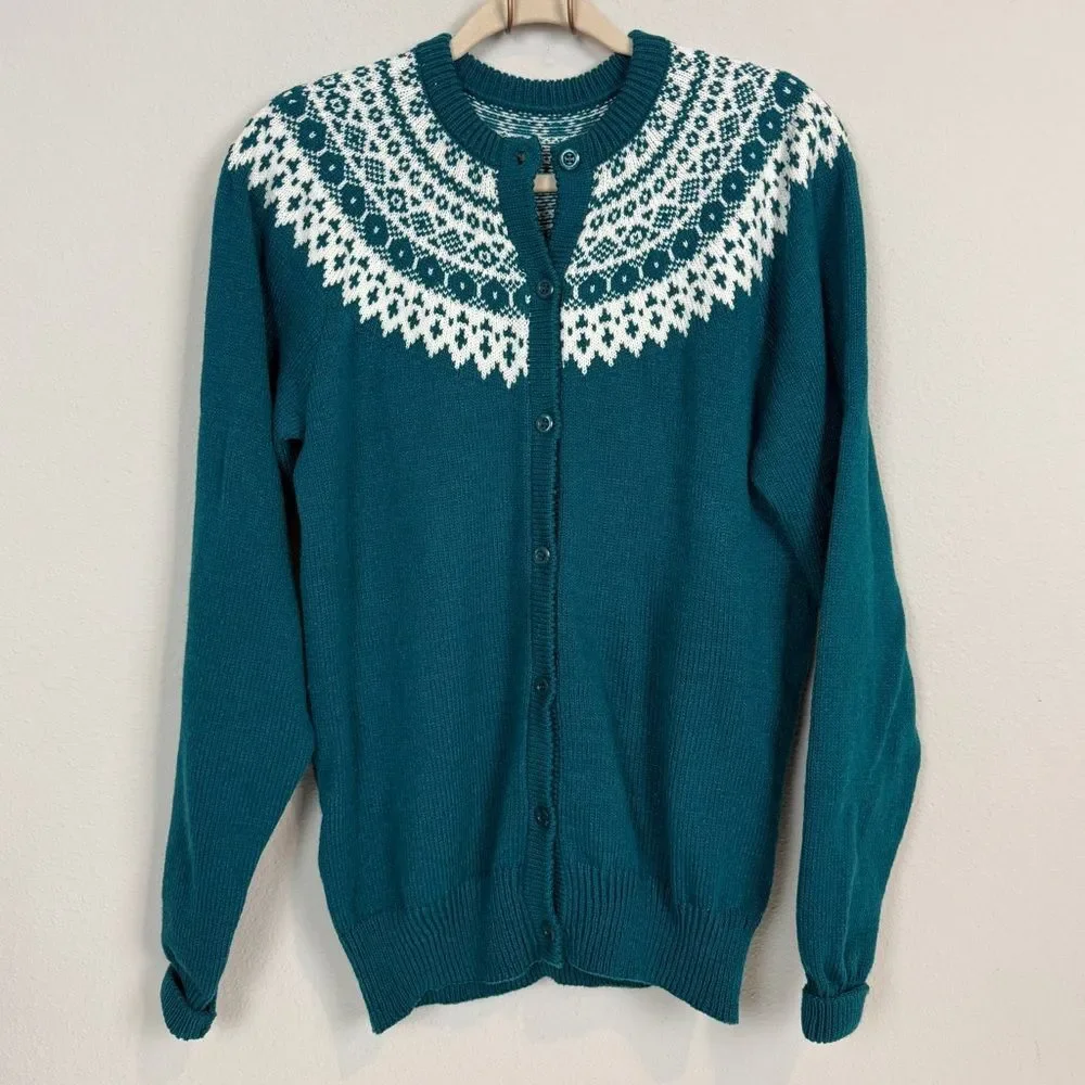 Hand-knit Teal Fair Isle Cardigan Sweater L
